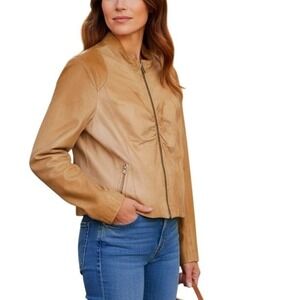 Italian Lambskin Leather Jacket Womens Sz 48 US 12 Tan Moto Zip Soft